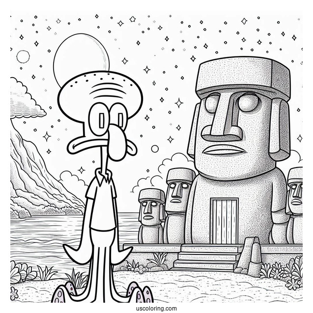 Squidward Coloring Page Standing In Front Of Moai House