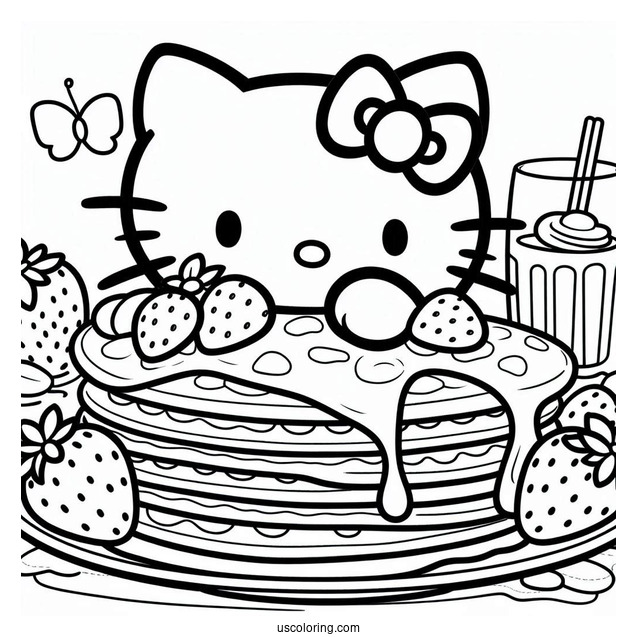 Hello Kitty Holding Massive Pancake Coloring Page With Strawberry Toppings