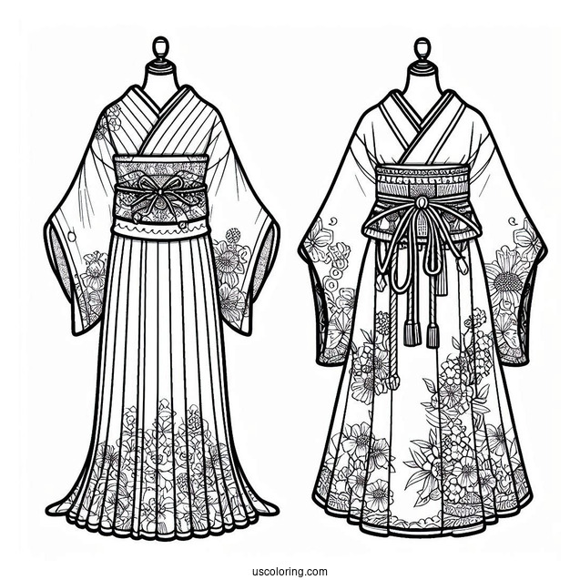 Detailed Kimono Dress Coloring Page