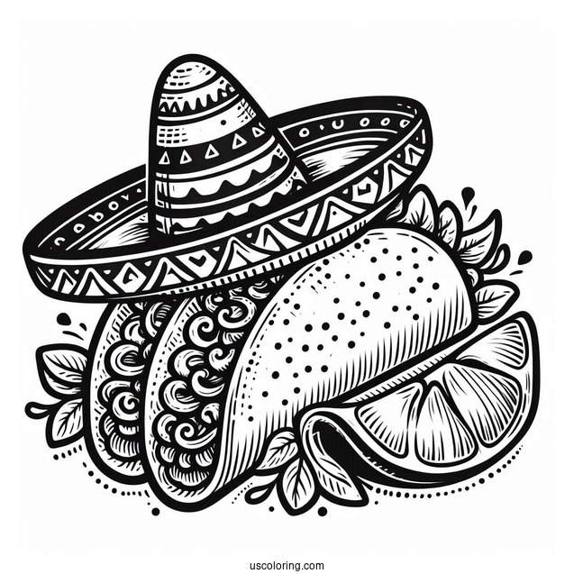 Detailed Taco Coloring Page With Sombrero On Top