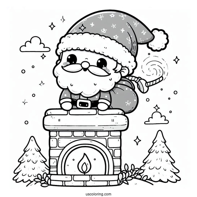 Coloring Page Of a Cute Santa Going Down a Chimney