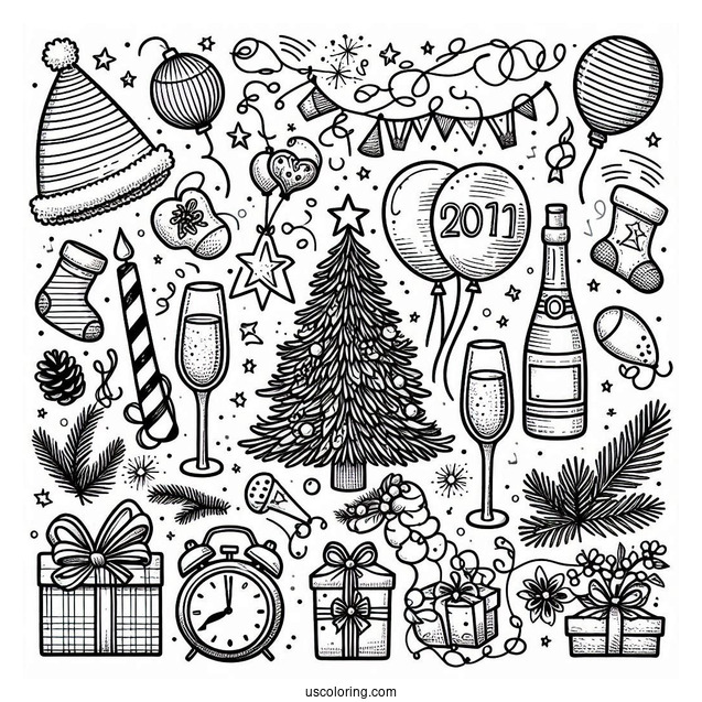 New Year Coloring Page Of Essentials With Party Hats, Christmas Tree, Wine Glasses, And Balloons