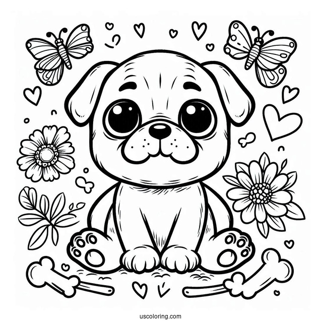 Coloring Page Of Baby Pug With Bones And Hearts