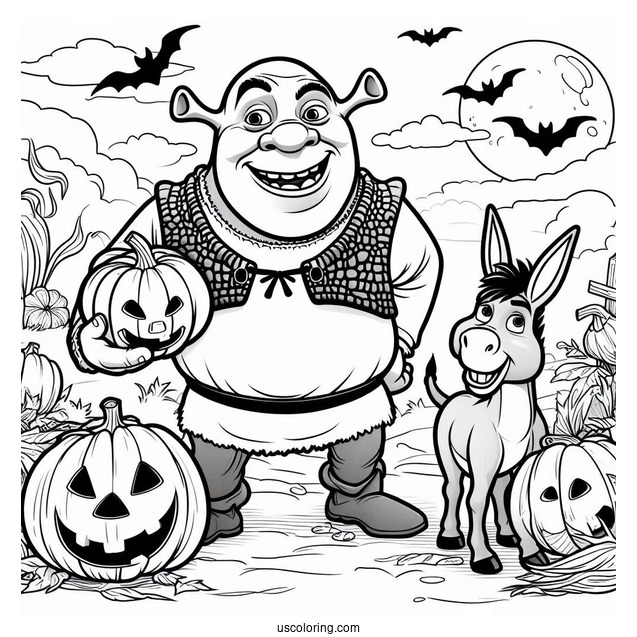 Shrek With Donkey And Pumpkin During Halloween