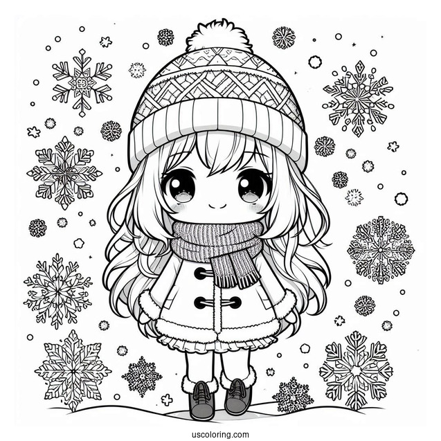 Chibi Girl In Winter Clothes Surrounded By Snowflake Coloring Page