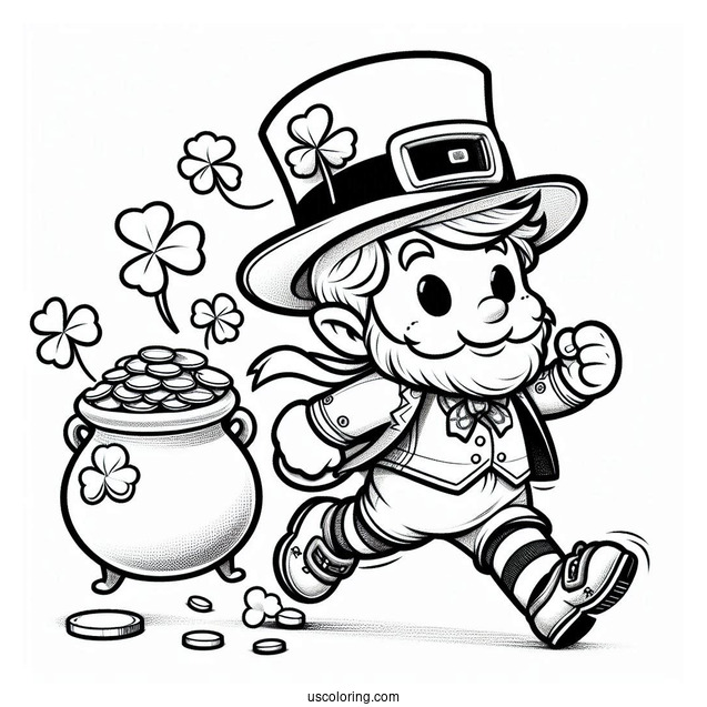 St. Patrick's Day Coloring Page Leprechaun Running Away With A Pot Of Gold