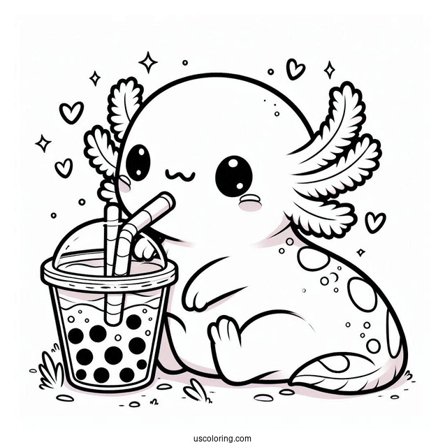 Cute Coloring Page Of Axolotl Drinking A Boba Tea