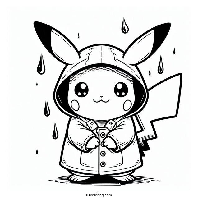 Cute Pikachu Wearing Raincoat Coloring In