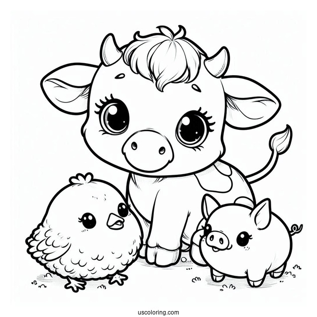 Baby Cow With Pig Chicken And Pig Coloring Sheet