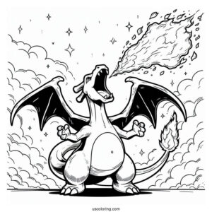 Coloring Page Of Charizard Breathing Fire In The Sky