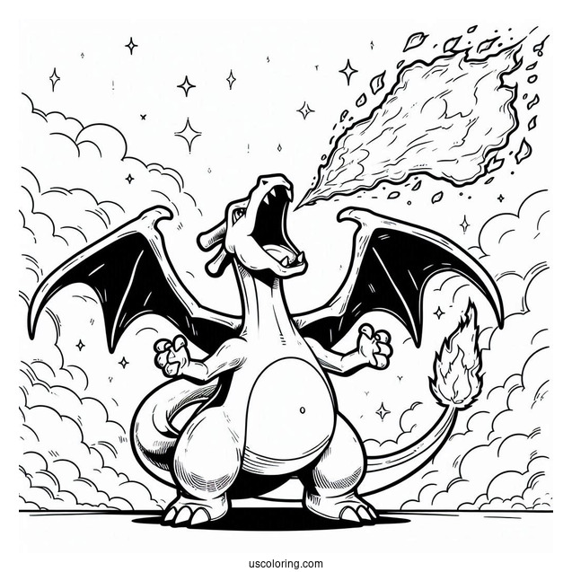 Coloring Page Of Charizard Breathing Fire In The Sky