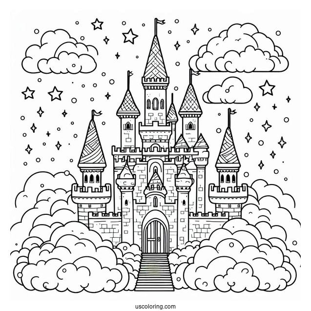 Cute Castle Coloring Page In The Clouds For Kids