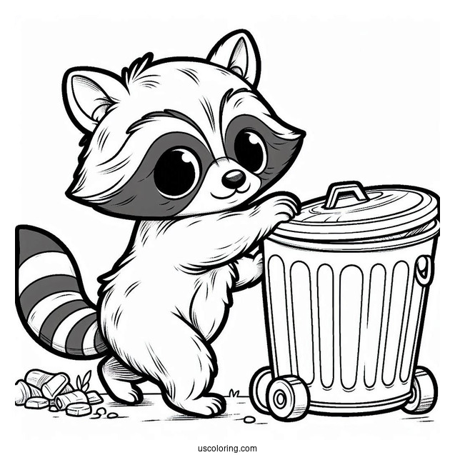 Raccoon Coloring Page Pushing A Garbage Bin