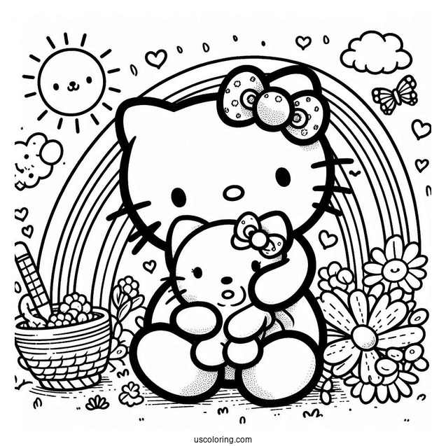 Coloring Page Of Hello Kitty Hugging Teddy Bear