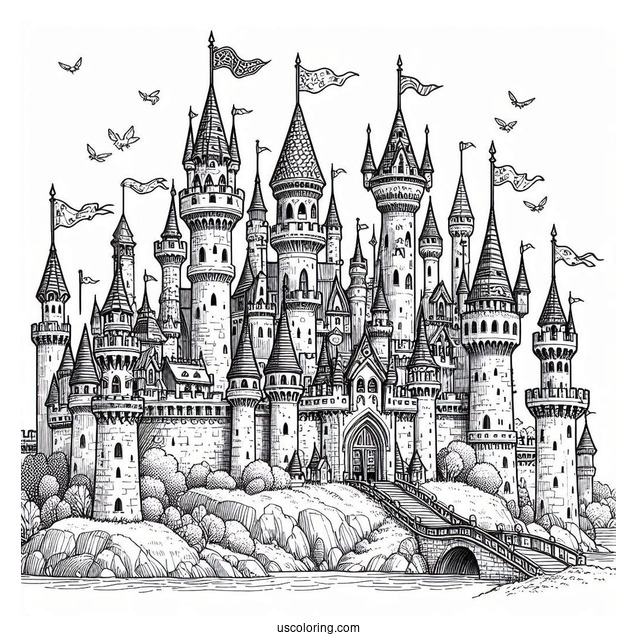 Fantasy Castle Coloring Page With Flags And Numerous Towers