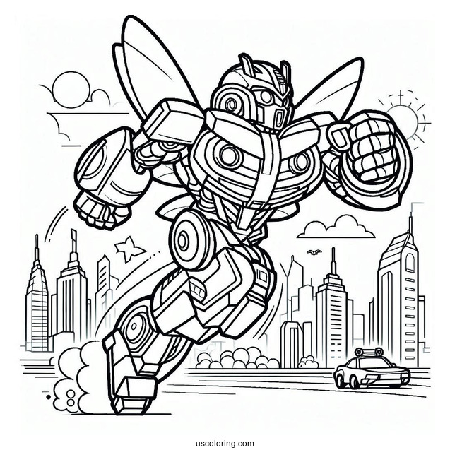 Autobot Bumblebee Coloring Page Running In The City