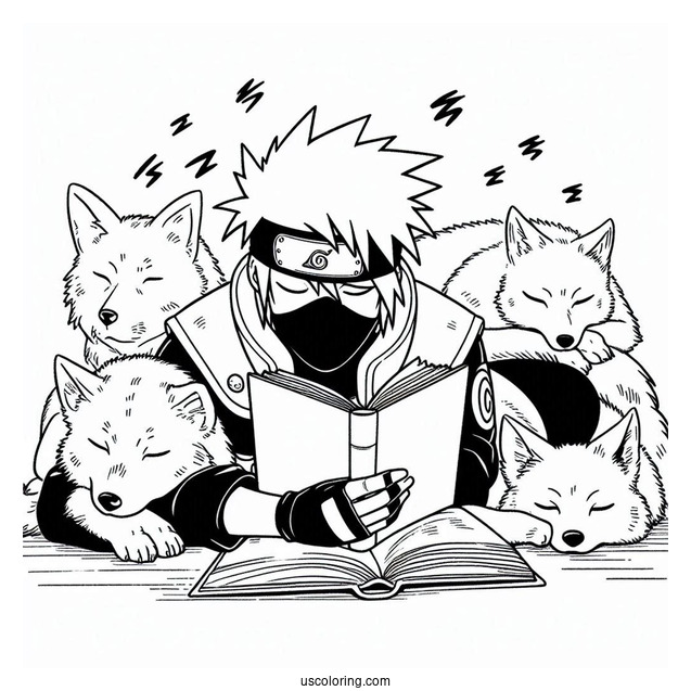 Kakashi Coloring Page Reading While Pakun And The Pack Sleeps Around Him
