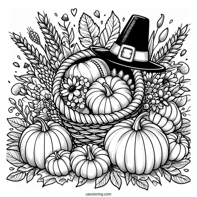 Pilgrim Coloring Page Of Cornucopia Filled With Pumpkins, Flowers, And Other Harvest