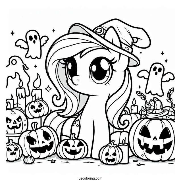 Coloring Sheet of Halloween My Little Pony with Ghosts and Jack-O-Lanterns