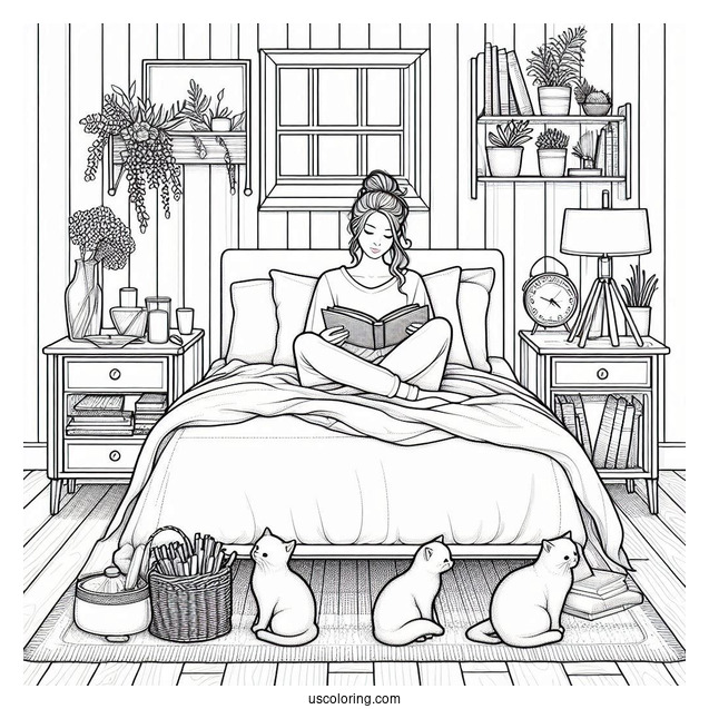 Bedroom Coloring Page Realistic Woman Reading On Her Bed With Cats