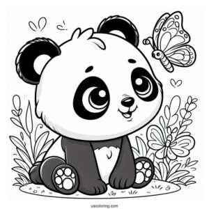 Baby Panda Coloring Page Smiling at a Butterfly