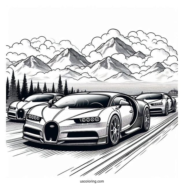 Three Bugatti Coloring Page Chiron On The Road