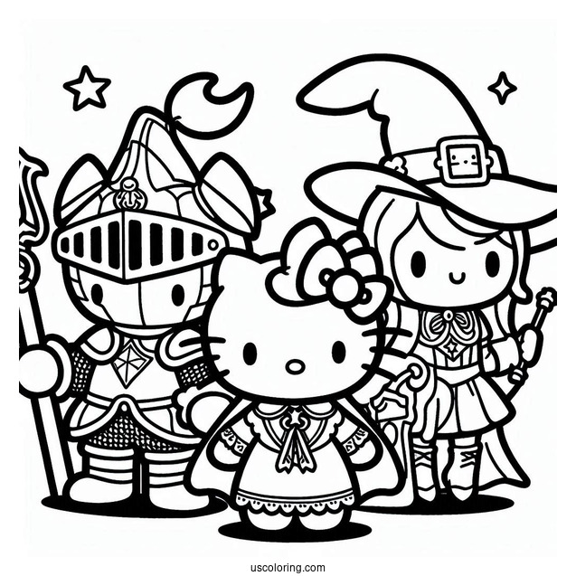 Sanrio Coloring Pages Of Hello Kitty Knight, Sorcerer My Melody, And Witch Kuromi