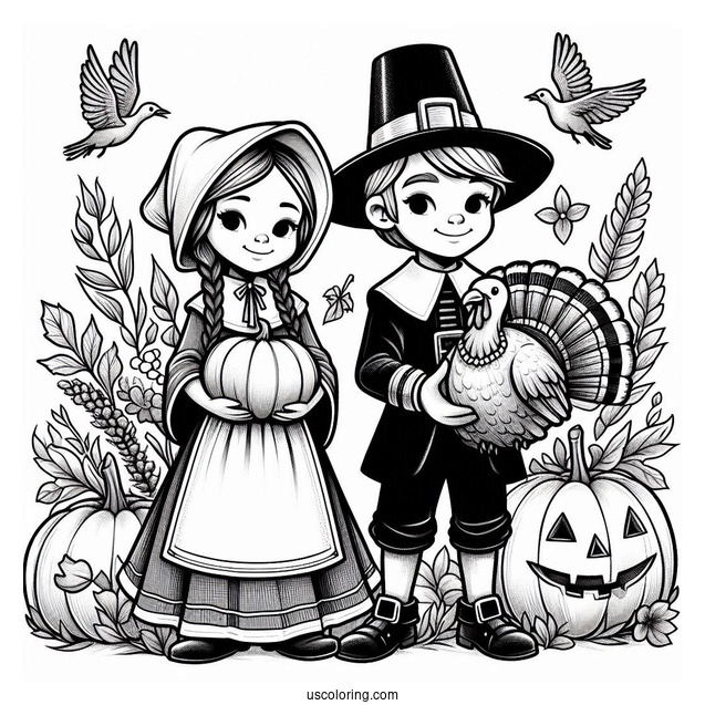 Man And Woman Pilgrim Coloring Page With Turkey And Pumpkin