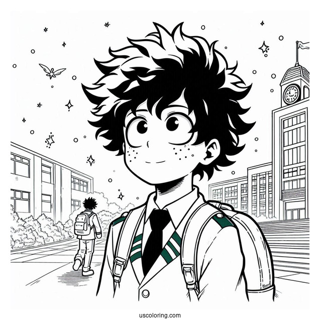Deku Coloring Page In Front Of UA High School