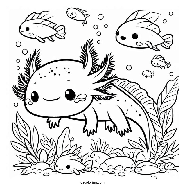 Cheerful Axolotl Coloring Page Swimming With Fishes
