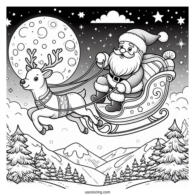 Santa Flying In The Sky With His Reindeer To Color