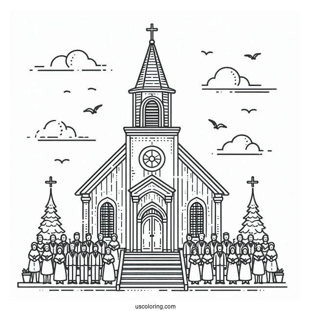 Easy Outline Of Church Coloring Page With Choir For Kids