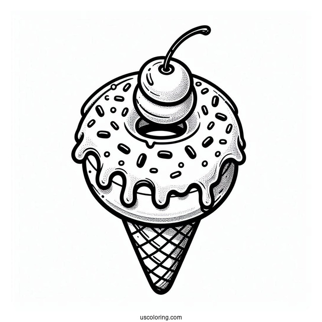 Ice Cream Donut Coloring Page On A Cone With Cherry On Top