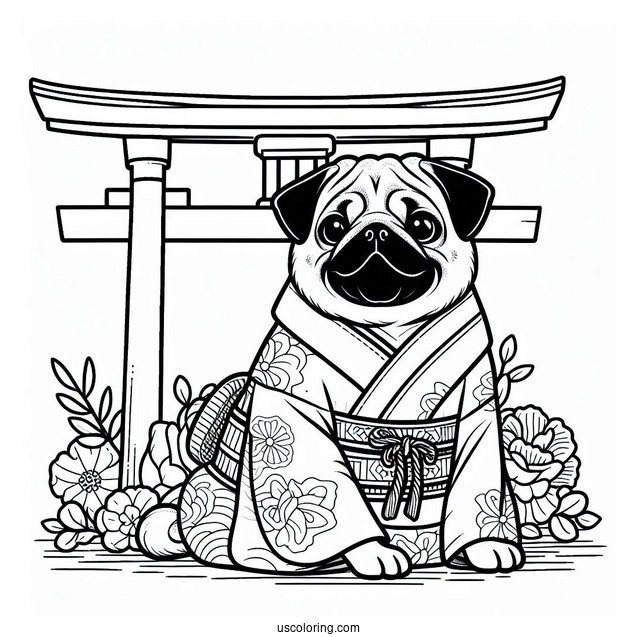 Pug Coloring Page in Kimono at Japanese Torii Gate For Kids