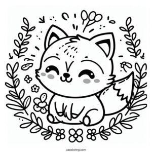 Kawaii Happy Fox Coloring Page For Kids