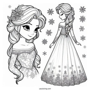 Elsa Stunning Dress With Snowflake Background Coloring Page