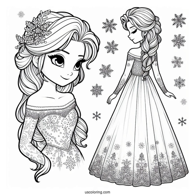 Elsa Stunning Dress With Snowflake Background Coloring Page
