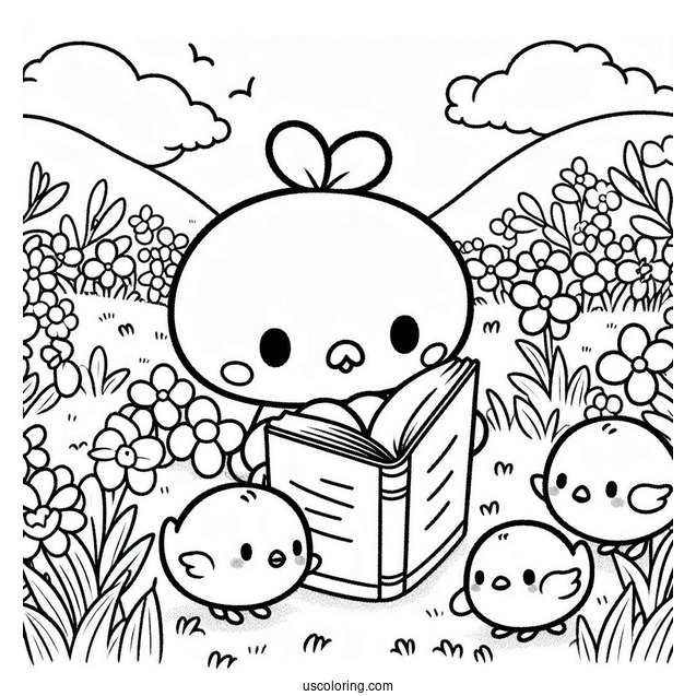 Pochacco Coloring Page Reading Book With Chicks In The Field