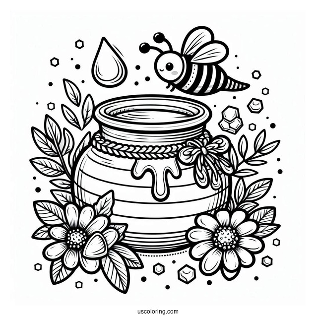 Pot Of Honey From Bee Coloring Page