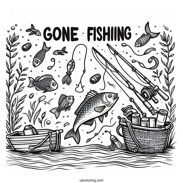 Gone Fishing Coloring Page With Bait, Rods, Nets, And Boat