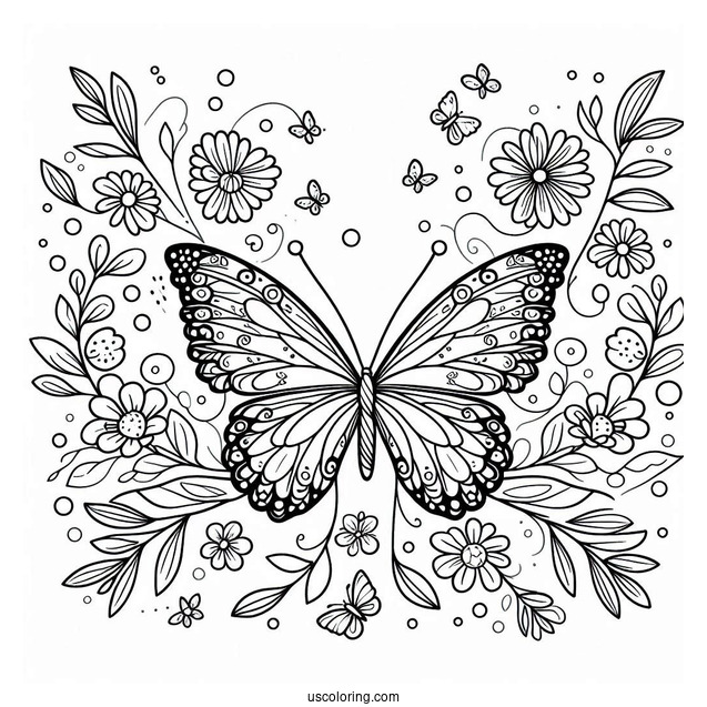 Beautiful Butterfly Coloring Page On A Vine Of Flowers