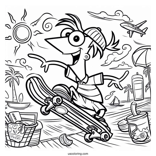 Phineas And Ferb Coloring Page Skateboarding