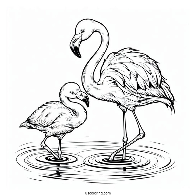Mother And Baby Flamingo In Water To Color
