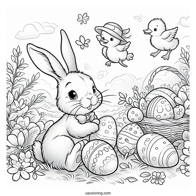 Peter Rabbit Coloring Page With Easter Eggs And Ducklings
