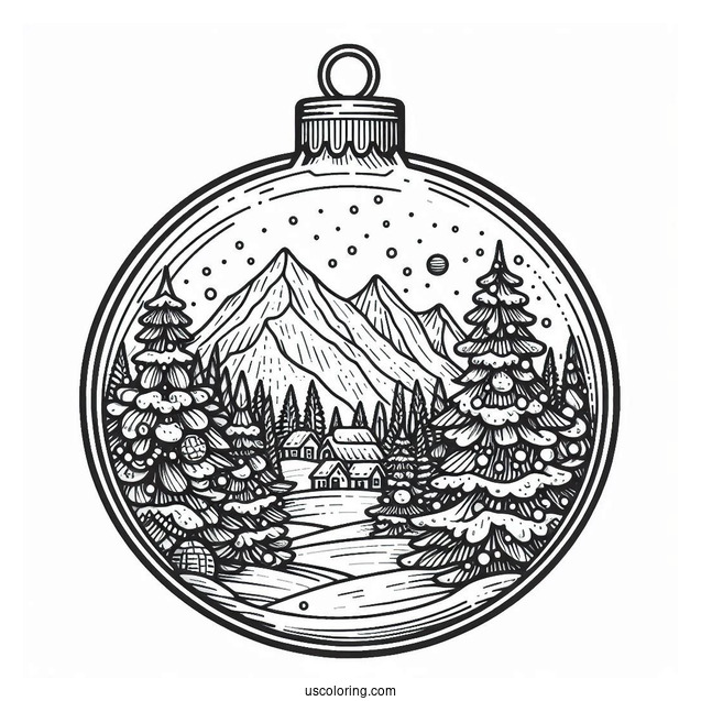 Detailed Winter Landscape Inside Bauble Christmas Ornaments Coloring Page