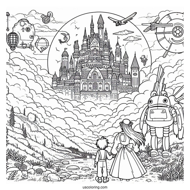 Studio Ghibli Coloring Page of Castle In The Sky Sheeta And Pazu With Robot