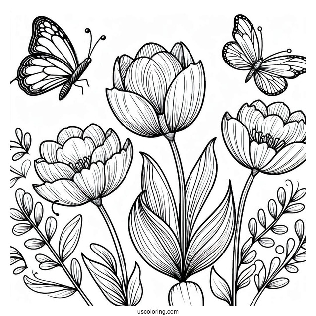 Flower Coloring Pages Of Three Tulips With Butterfly