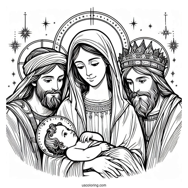 Virgin Mary With Jesus And Three Kings Coloring