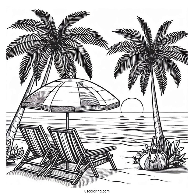 Beach Chairs Under A Palm Tree Facing The Sea