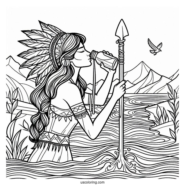 Native American Coloring Page Woman Holding Spear While Drinking From River